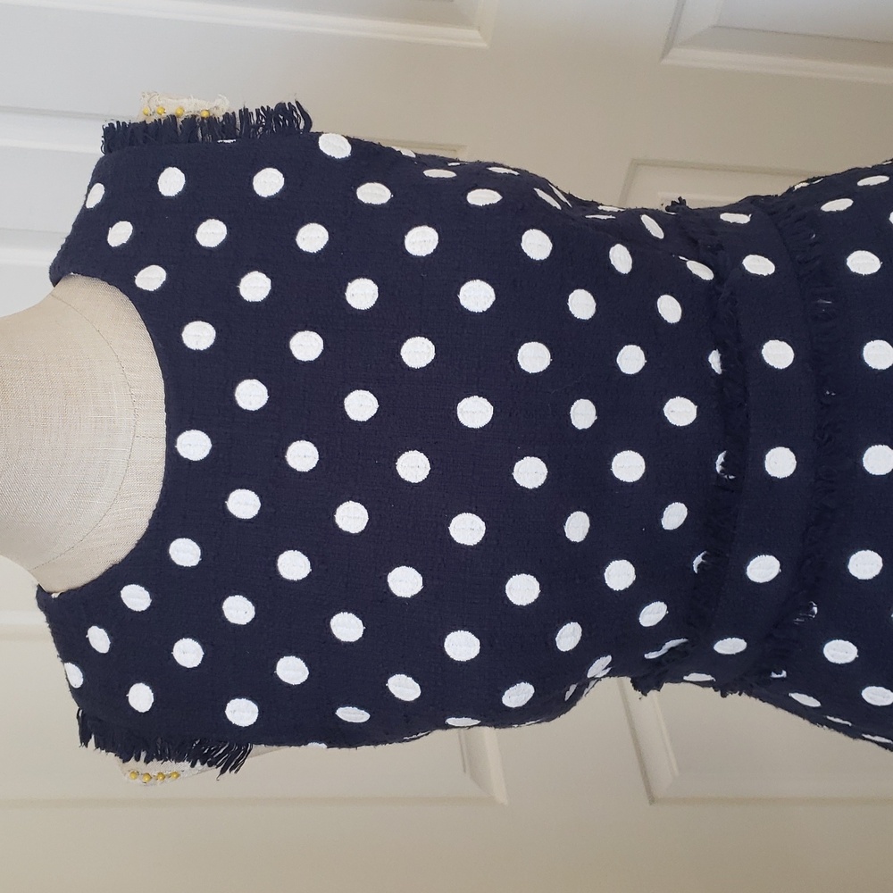 J. Crew Navy White Polka Dot Boucle Tweed Sheath Dress Sleeveless Size 6P Petite - Picture 9 of 16